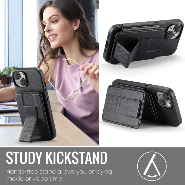 For iPhone 15 Fierre Shann Oil Wax Cow Leather Card Holder Back Phone Case(Black) - iPhone 15 Cases by FIERRE SHANN | Online Shopping UK | buy2fix