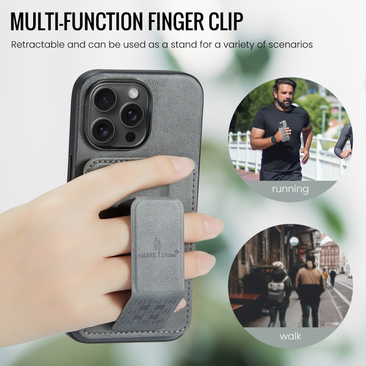 For iPhone 16 Pro Max Fierre Shann Oil Wax Cow Leather Card Holder Back Phone Case(Grey) by FIERRE SHANN