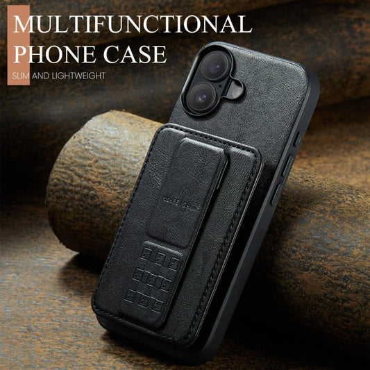 For iPhone 16 Fierre Shann Oil Wax Cow Leather Card Holder Back Phone Case(Black) by FIERRE SHANN