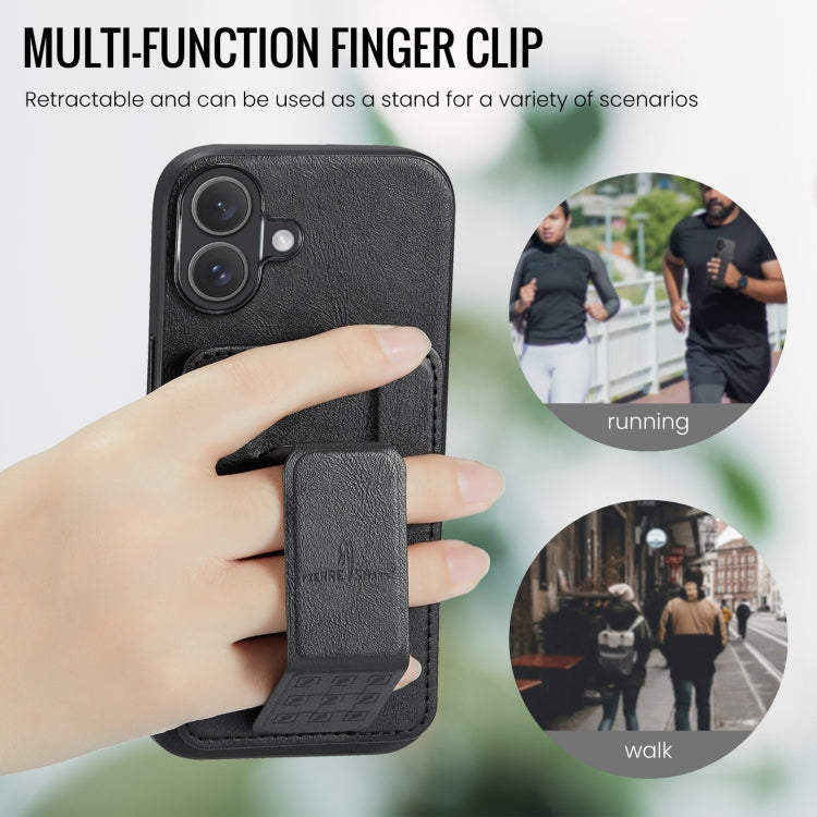 For iPhone 16 Fierre Shann Oil Wax Cow Leather Card Holder Back Phone Case(Black) by FIERRE SHANN