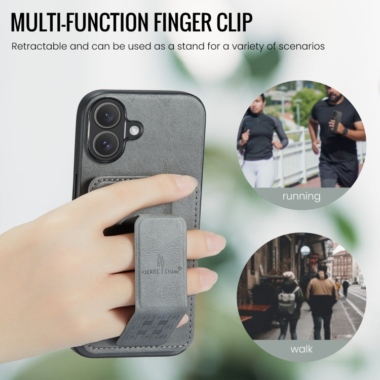 For iPhone 16 Fierre Shann Oil Wax Cow Leather Card Holder Back Phone Case(Grey) by FIERRE SHANN