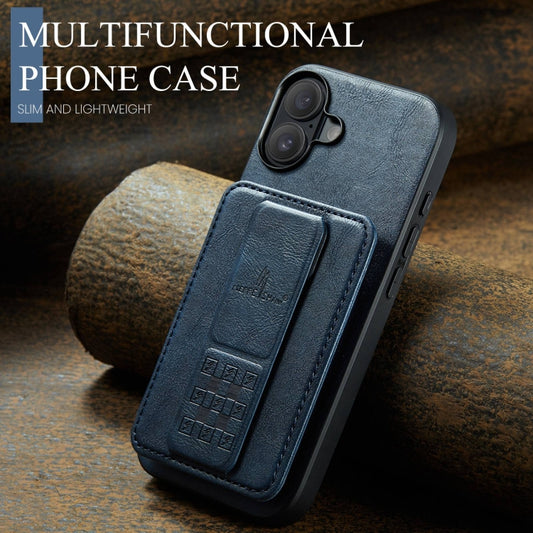 For iPhone 16 Fierre Shann Oil Wax Cow Leather Card Holder Back Phone Case(Blue) by FIERRE SHANN