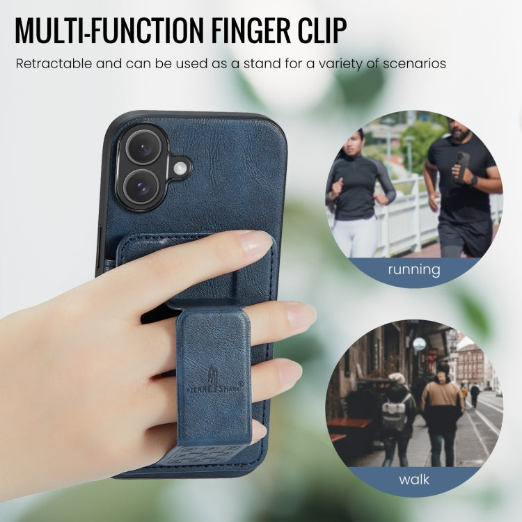 For iPhone 16 Fierre Shann Oil Wax Cow Leather Card Holder Back Phone Case(Blue) by FIERRE SHANN