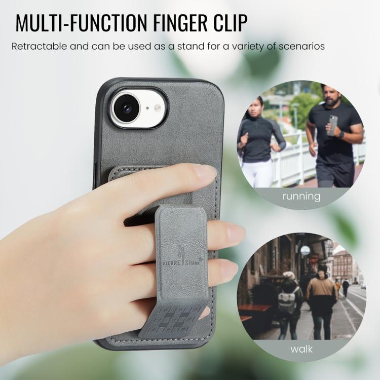 For iPhone 16e Fierre Shann Oil Wax Cow Leather Card Holder Back Phone Case(Grey) - iPhone 16e Cases by FIERRE SHANN | Online Shopping UK | buy2fix