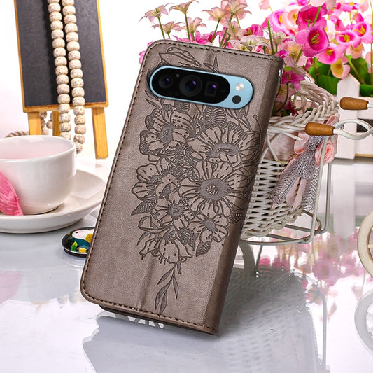 For Google Pixel 9 Embossed Butterfly Leather Phone Case(Grey) by buy2fix