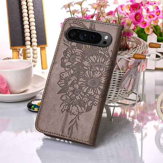 For Google Pixel 9 Pro Embossed Butterfly Leather Phone Case(Grey) by buy2fix