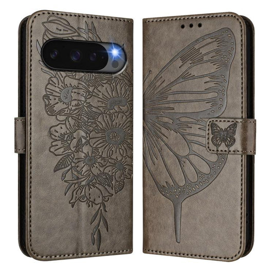 For Google Pixel 10 / 10 Pro+ Embossed Butterfly Leather Phone Case(Grey) - Google Cases by buy2fix | Online Shopping UK | buy2fix