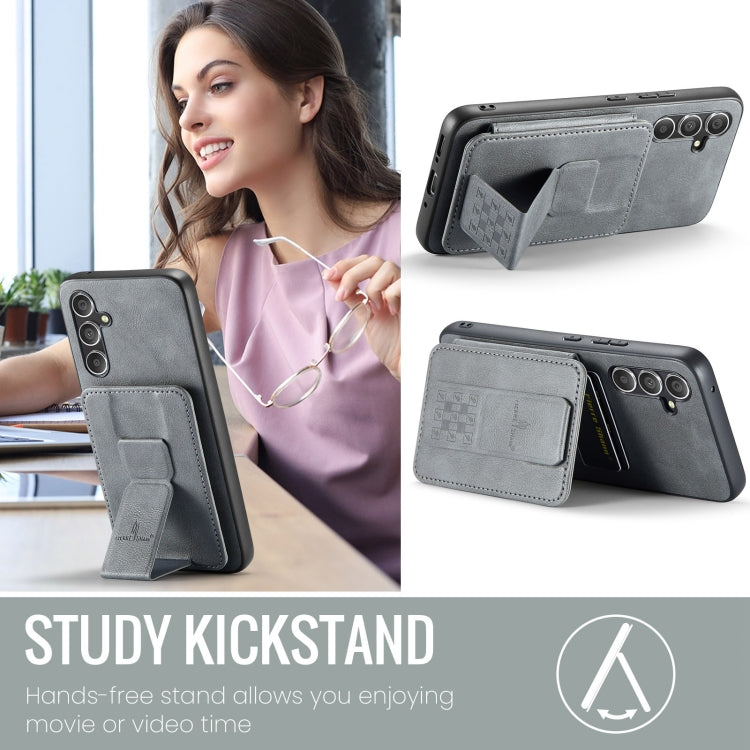 For Samsung Galaxy S24+ 5G Fierre Shann Oil Wax Cow Leather Card Holder Back Phone Case(Grey) by FIERRE SHANN