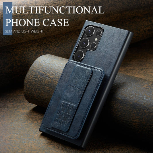 For Samsung Galaxy S24 Ultra 5G Fierre Shann Oil Wax Cow Leather Card Holder Back Phone Case(Blue) by FIERRE SHANN