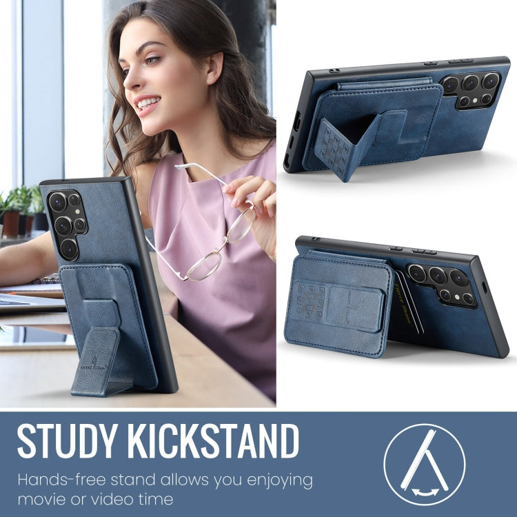 For Samsung Galaxy S24 Ultra 5G Fierre Shann Oil Wax Cow Leather Card Holder Back Phone Case(Blue) by FIERRE SHANN