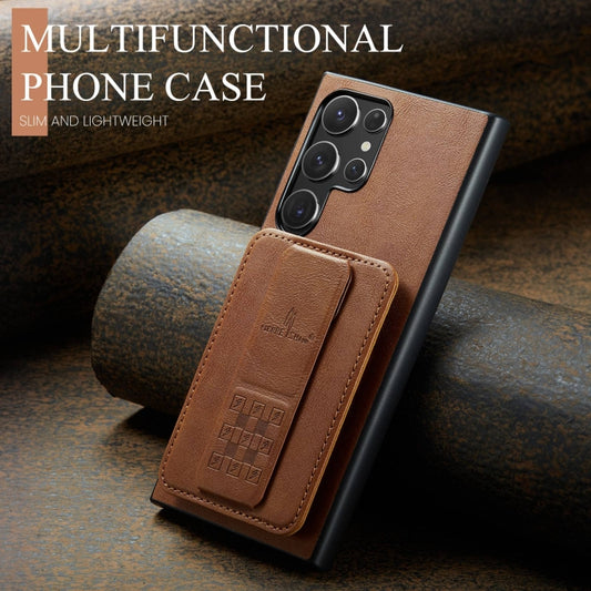 For Samsung Galaxy S23 Ultra 5G Fierre Shann Oil Wax Cow Leather Card Holder Back Phone Case(Brown) by FIERRE SHANN