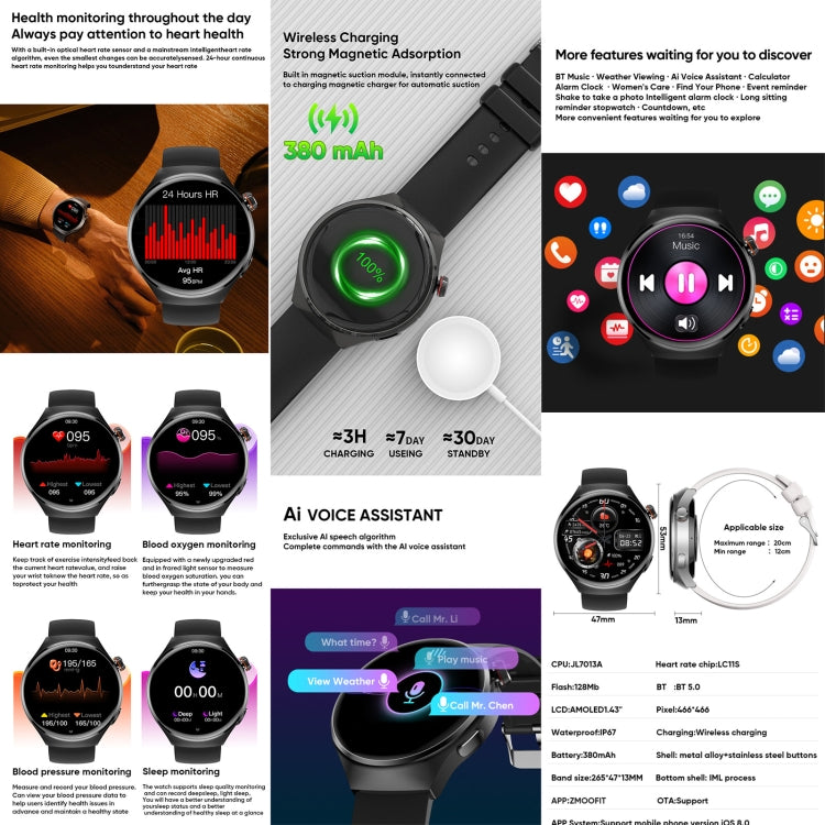 MT26 Smart Watch 1.43 inch AMOLED Bracelet, Support Bluetooth Call / Blood Pressure / Blood Oxygen / Heart Rate(Silver) by buy2fix