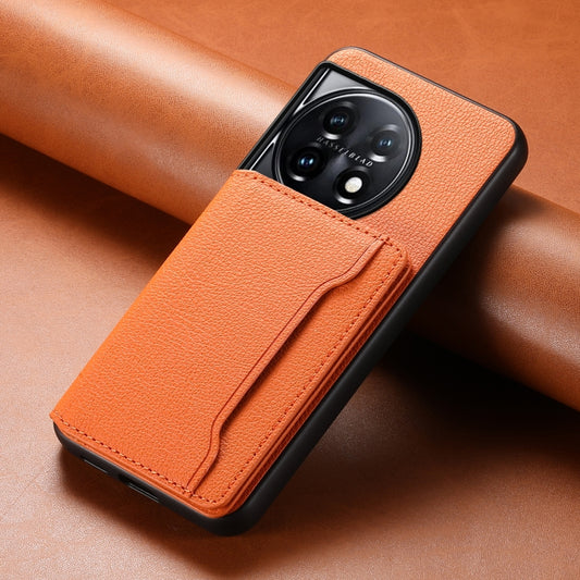 For OnePlus 11 Calf Texture Card Bag Design Full Coverage Phone Case(Orange) by buy2fix
