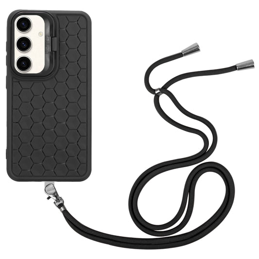 For Samsung Galaxy S24 5G Honeycomb Radiating Lens Holder Magsafe Phone Case with Lanyard(Black) by buy2fix