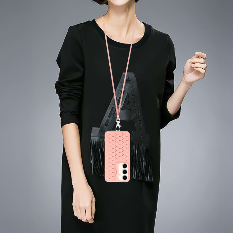 For Samsung Galaxy S23 FE 5G Honeycomb Radiating Lens Holder Magsafe Phone Case with Lanyard(Pink) by buy2fix