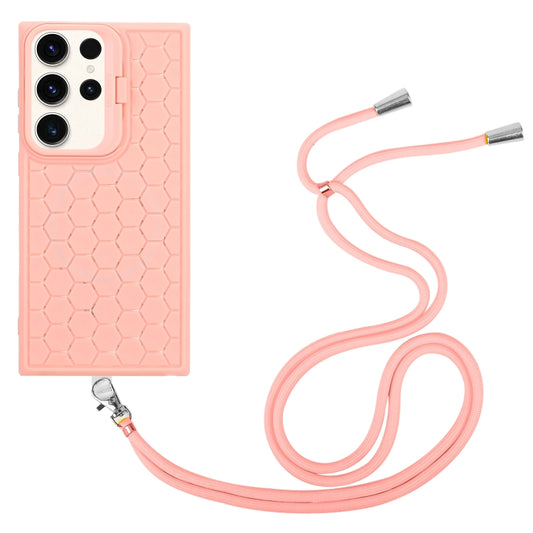For Samsung Galaxy S23 Ultra 5G Honeycomb Radiating Lens Holder Magsafe Phone Case with Lanyard(Pink) by buy2fix
