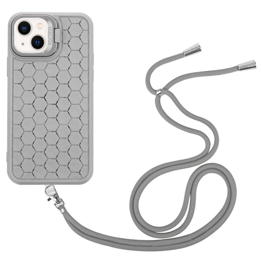 For iPhone 15 Plus Honeycomb Radiating Lens Holder Magsafe Phone Case with Lanyard(Grey) by buy2fix