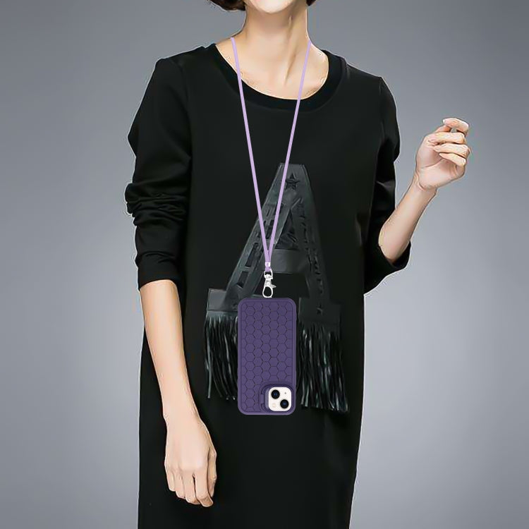 For iPhone 14 Plus Honeycomb Radiating Lens Holder Magsafe Phone Case with Lanyard(Purple) by buy2fix