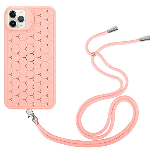 For iPhone 14 Pro Max Honeycomb Radiating Lens Holder Magsafe Phone Case with Lanyard(Pink) by buy2fix
