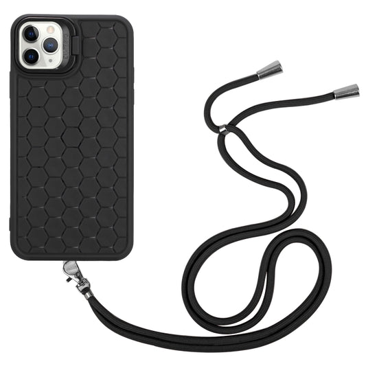 For iPhone 13 Pro Max Honeycomb Radiating Lens Holder Magsafe Phone Case with Lanyard(Black) by buy2fix