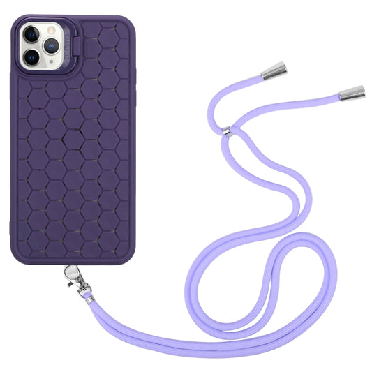 For iPhone 13 Pro Honeycomb Radiating Lens Holder Magsafe Phone Case with Lanyard(Purple) by buy2fix