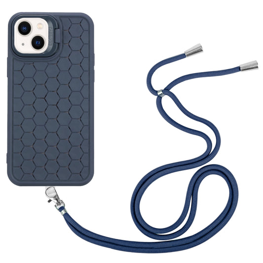 For iPhone 13 Honeycomb Radiating Lens Holder Magsafe Phone Case with Lanyard(Blue) by buy2fix