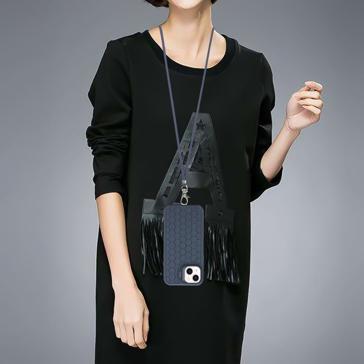 For iPhone 13 Honeycomb Radiating Lens Holder Magsafe Phone Case with Lanyard(Blue) by buy2fix