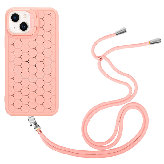 For iPhone 13 Honeycomb Radiating Lens Holder Magsafe Phone Case with Lanyard(Pink) by buy2fix