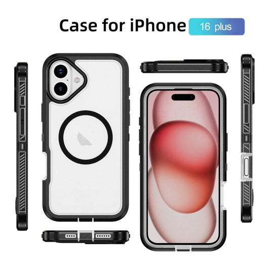 For iPhone 16 Plus Guard Magsafe Magnetic Ring Matte Phone Case(Black+Transparent) by buy2fix