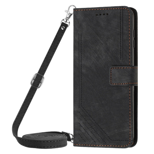 For OnePlus 13 Skin Feel Stripe Pattern Leather Phone Case with Lanyard(Black) by buy2fix