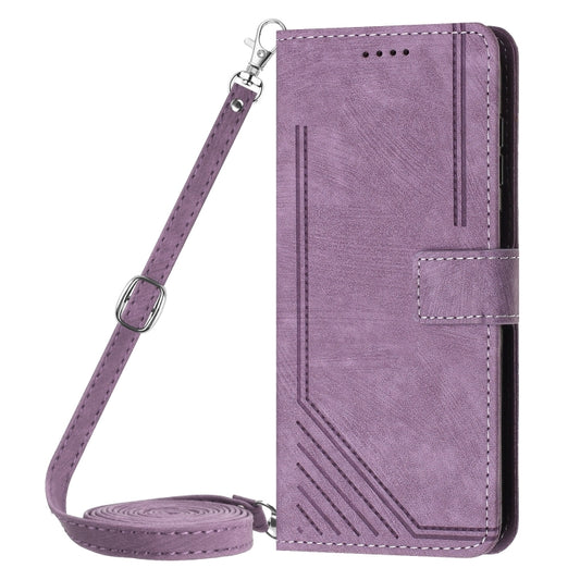 For OnePlus 13 Skin Feel Stripe Pattern Leather Phone Case with Lanyard(Purple) by buy2fix