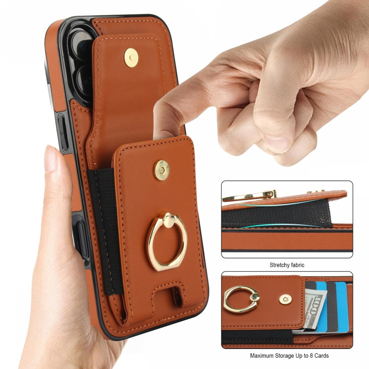 For iPhone 16 Elastic Card Bag Ring Holder Phone Case(Brown) by buy2fix