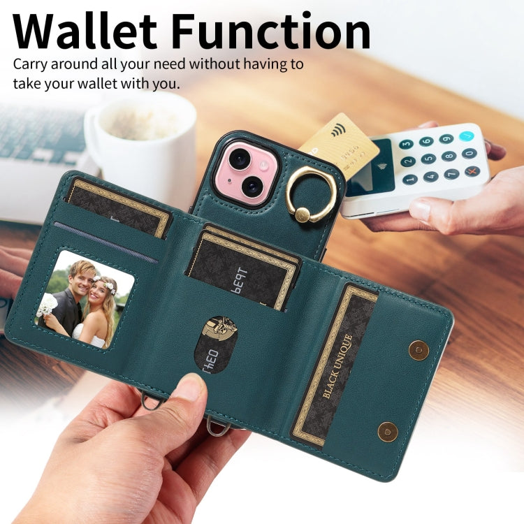 For iPhone 15 Crossbodys Card Bag Ring Holder Leather Phone Case(Green) - iPhone 15 Cases by buy2fix | Online Shopping UK | buy2fix