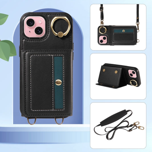 For iPhone 15 Crossbodys Card Bag Ring Holder Leather Phone Case(Black) - iPhone 15 Cases by buy2fix | Online Shopping UK | buy2fix