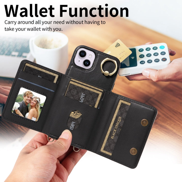 For iPhone 14 Plus Crossbodys Card Bag Ring Holder Leather Phone Case(Black) - iPhone 14 Plus Cases by buy2fix | Online Shopping UK | buy2fix