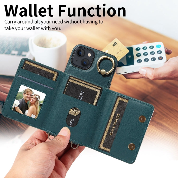 For iPhone 13 Crossbodys Card Bag Ring Holder Leather Phone Case(Green) - iPhone 13 Cases by buy2fix | Online Shopping UK | buy2fix