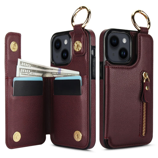 For iPhone 14 Plus Litchi Texture Zipper Double Buckle Card Bag Phone Case(Maroon Red) - iPhone 14 Plus Cases by buy2fix | Online Shopping UK | buy2fix