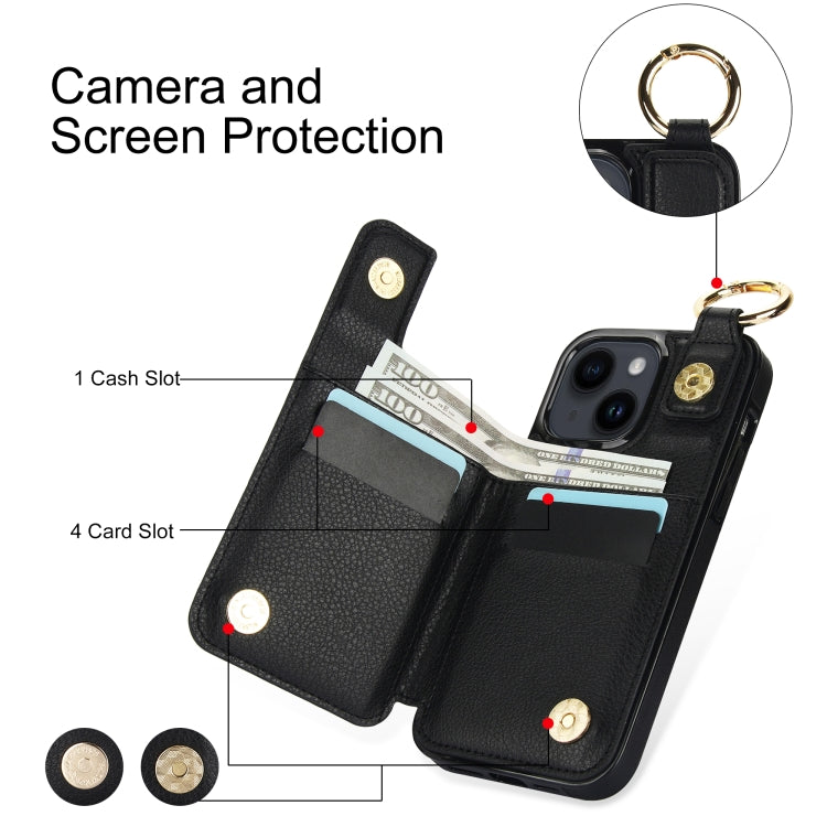 For iPhone 14 Litchi Texture Zipper Double Buckle Card Bag Phone Case(Black) - iPhone 14 Cases by buy2fix | Online Shopping UK | buy2fix