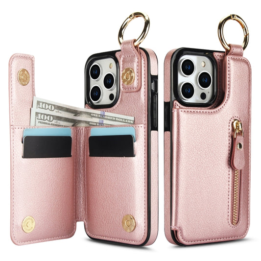 For iPhone 14 Pro Max Litchi Texture Zipper Double Buckle Card Bag Phone Case(Rose Gold) - iPhone 14 Pro Max Cases by buy2fix | Online Shopping UK | buy2fix