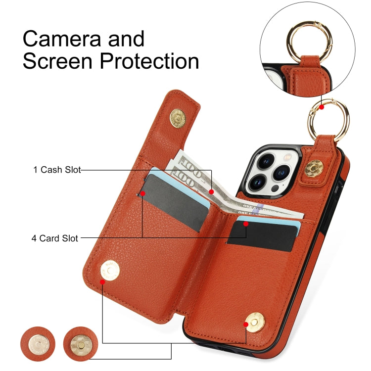 For iPhone 13 Pro Max Litchi Texture Zipper Double Buckle Card Bag Phone Case(Brown) - iPhone 13 Pro Max Cases by buy2fix | Online Shopping UK | buy2fix