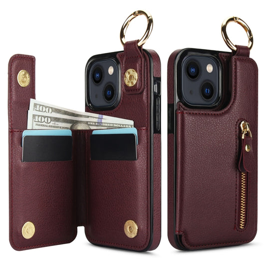 For iPhone 13 Litchi Texture Zipper Double Buckle Card Bag Phone Case(Maroon Red) - iPhone 13 Cases by buy2fix | Online Shopping UK | buy2fix