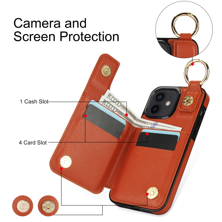 For iPhone 12 mini Litchi Texture Zipper Double Buckle Card Bag Phone Case(Brown) - iPhone 12 mini Cases by buy2fix | Online Shopping UK | buy2fix