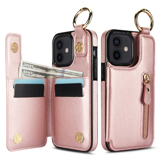 For iPhone 12 mini Litchi Texture Zipper Double Buckle Card Bag Phone Case(Rose Gold) - iPhone 12 mini Cases by buy2fix | Online Shopping UK | buy2fix