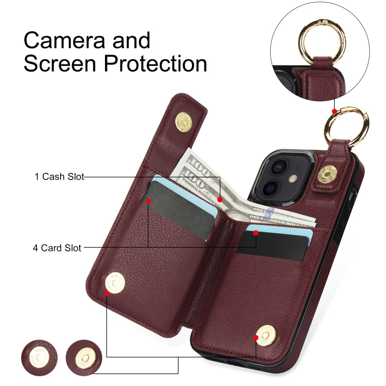 For iPhone 12 mini Litchi Texture Zipper Double Buckle Card Bag Phone Case(Maroon Red) - iPhone 12 mini Cases by buy2fix | Online Shopping UK | buy2fix