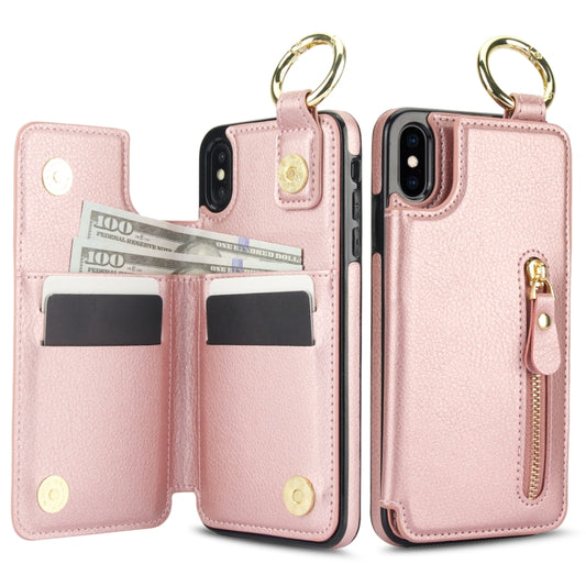 For iPhone XS / X Litchi Texture Zipper Double Buckle Card Bag Phone Case(Rose Gold) - More iPhone Cases by buy2fix | Online Shopping UK | buy2fix