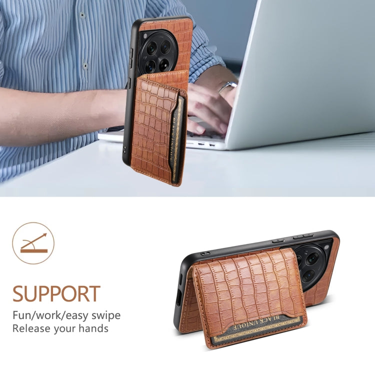 For OnePlus 12 Crocodile Texture Card Bag Design Full Coverage Phone Case(Brown) by buy2fix