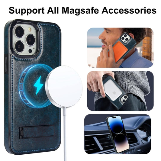 For iPhone 14 Pro Max Retro Leather Invisible Stand MagSafe Phone Case(Blue) by buy2fix