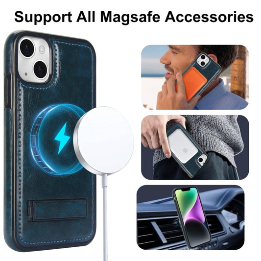 For iPhone 14 Retro Leather Invisible Stand MagSafe Phone Case(Blue) by buy2fix
