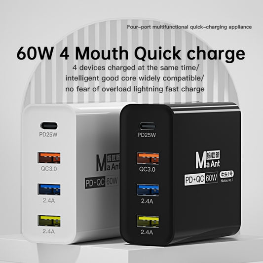 Ma-Ant 60W USB-C/Type-C+3 USB Multi-port Fast Charging Charger, Plug:EU Plug(Black) by buy2fix