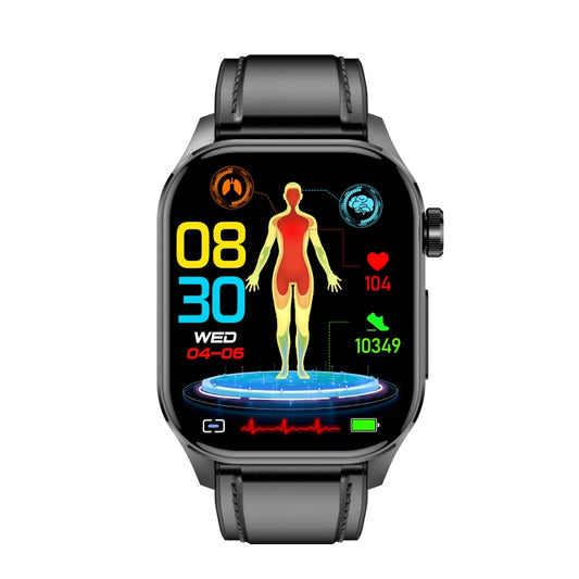 ET580 2.04 inch AMOLED Screen Sports Smart Watch Support Bluetooth Call / ECG Function(Black Leather Band) by buy2fix